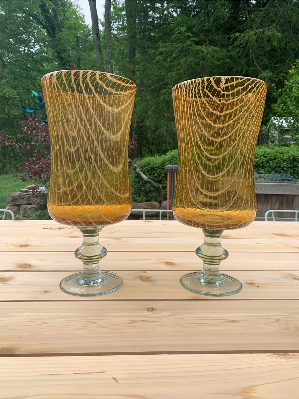 Amber Hand Blown Glass Pedestal Vases/Hurricanes - Pair
